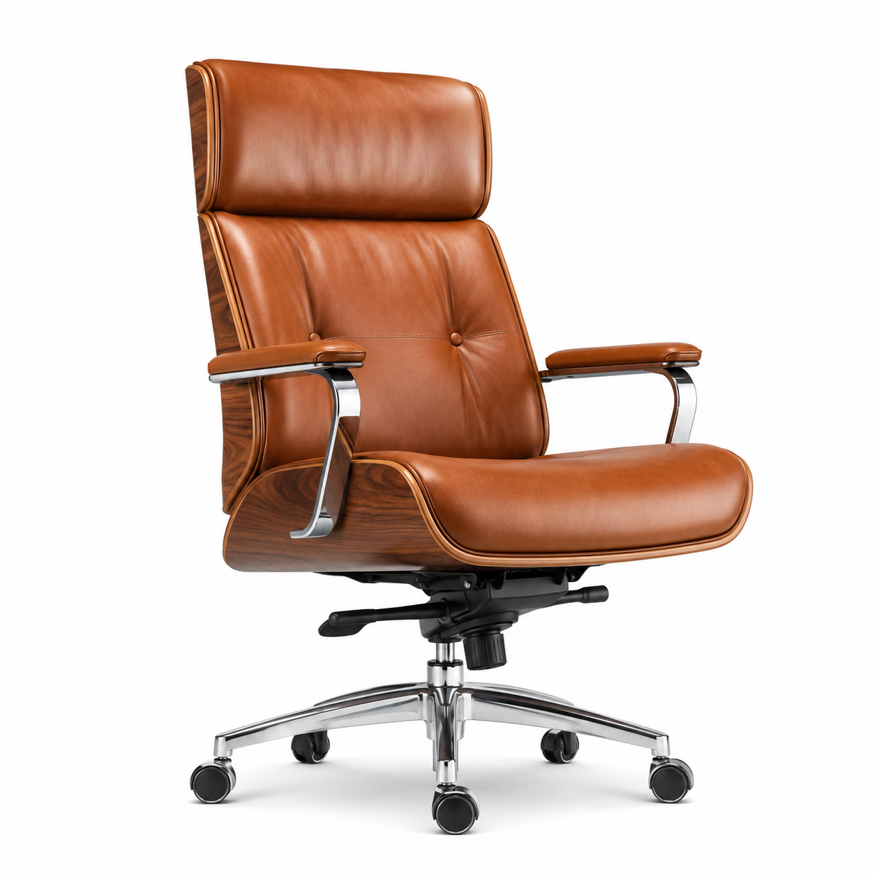 Silla directiva PE-9400 en piel café premium con respaldo alto y base cromada, vista frontal sobre fondo blanco