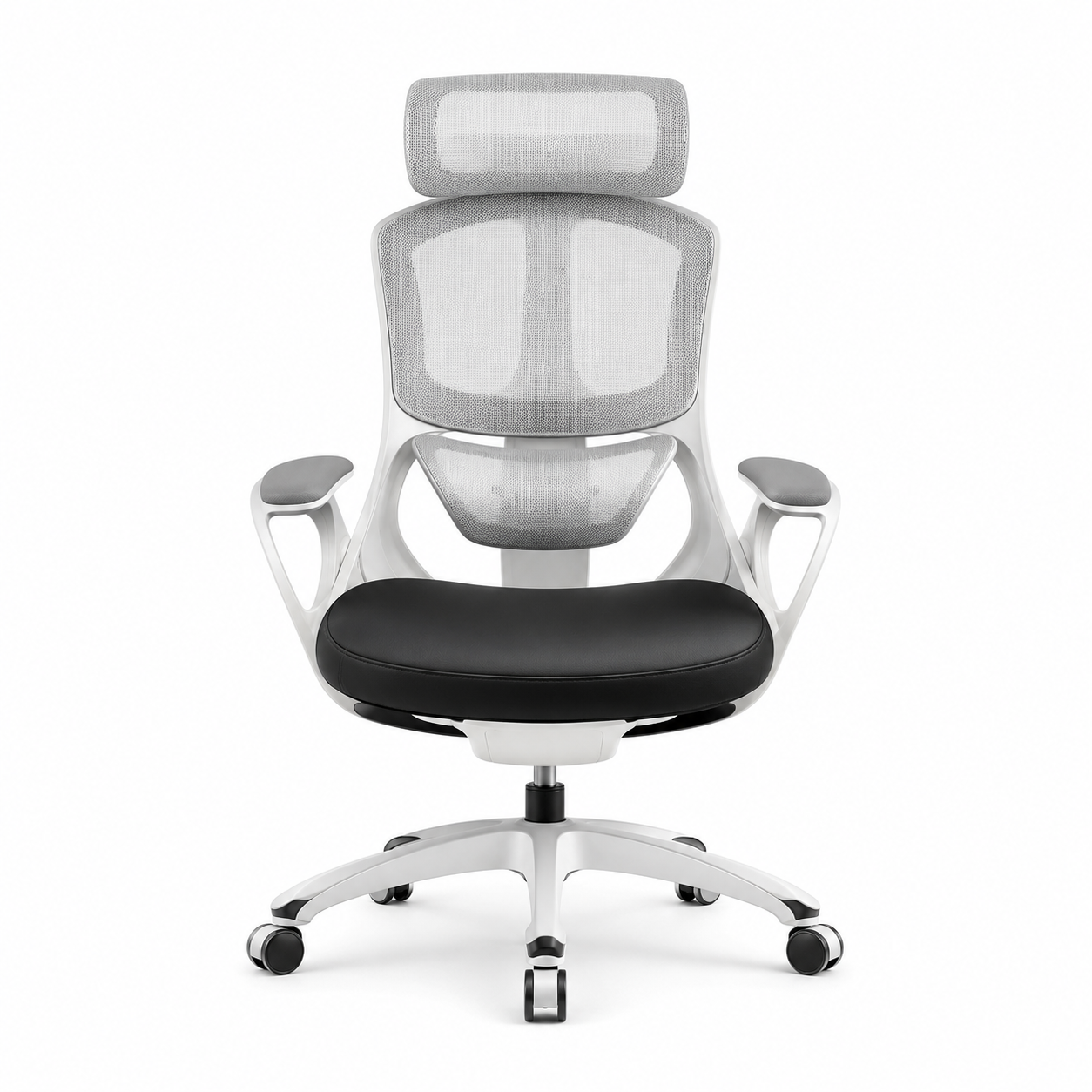 Silla operativa PE-6100 con respaldo de malla blanca y asiento acolchonado negro, vista frontal sobre fondo blanco
